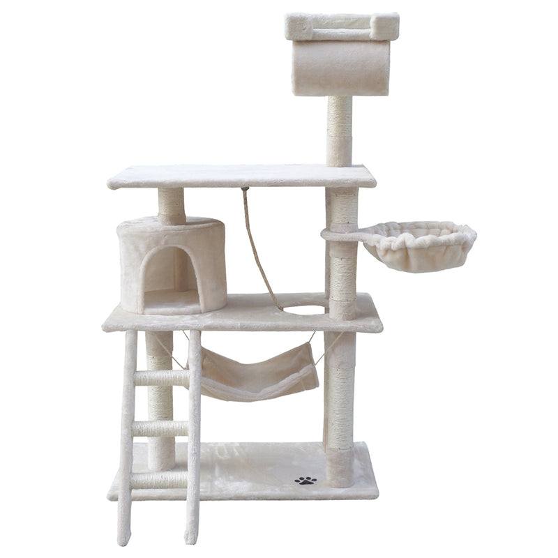 i.Pet Cat Tree 141cm Tower Scratching Post Scratcher Condo Wood House Bed Beige