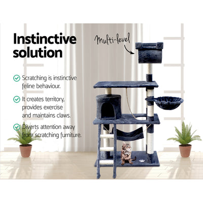 i.Pet Cat Tree 141cm Tower Scratching Post Scratcher Condo Wood House Bed Grey