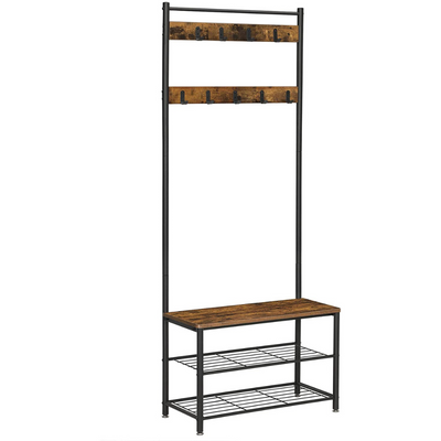 Rustic Brown Coat Rack Stand with Hallway Shoe Rack and Bench with Shelves Matte Metal Frame Height 175 cm