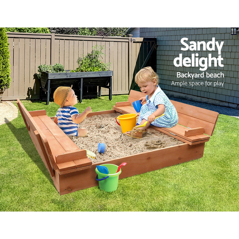 Keezi Kids Sandpit Wooden Sandbox Sand Pit Foldable Seat Outdoor Beach Toys 90cm