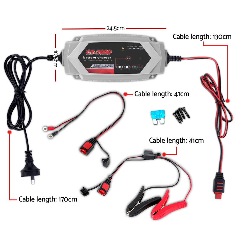 12V Automotive Car Battery Charger 24V 7Amp Vehicle Truck Chargers AGM