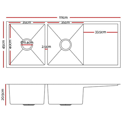 Cefito Kitchen Sink 111X45CM Stainless Steel Basin Double Bowl Laundry Silver