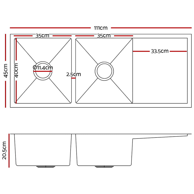 Cefito Kitchen Sink 111X45CM Stainless Steel Basin Double Bowl Laundry Silver