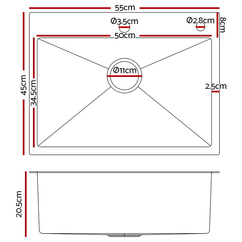 Cefito Kitchen Sink 55X45CM Stainless Steel Basin Single Bowl Extra Hole Silver