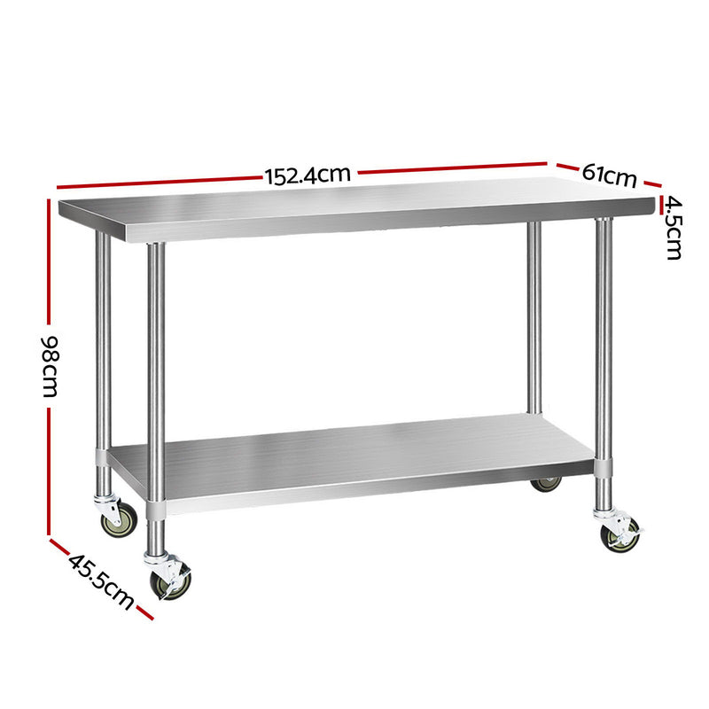 Cefito 430 Stainless Steel Kitchen Benches Work Bench Food Prep Table with Wheels 1524MM x 610MM