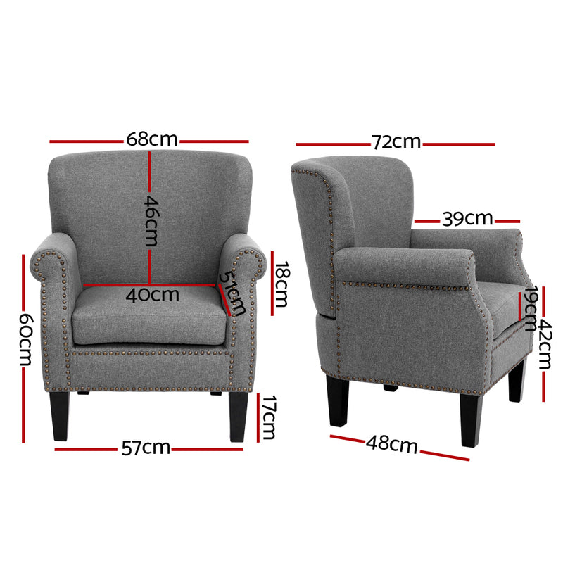 Artiss Armchair Accent Chair Retro Armchairs Lounge Accent Chair Single Sofa Linen Fabric Seat Grey