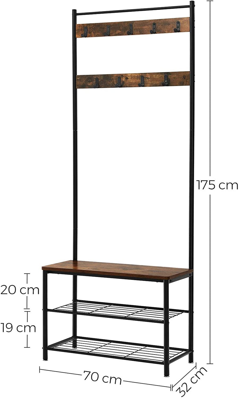 Rustic Brown Coat Rack Stand with Hallway Shoe Rack and Bench with Shelves Matte Metal Frame Height 175 cm