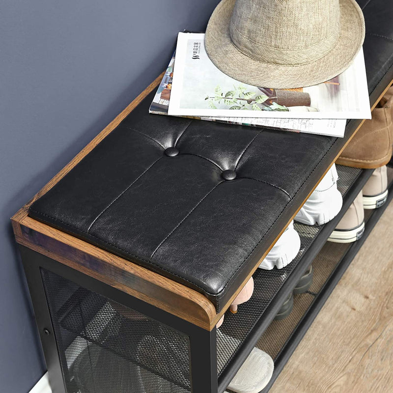 Shoe Bench with Mesh Shelf and Faux Leather Vintage Brown Black 80 x 30 x 48 cm