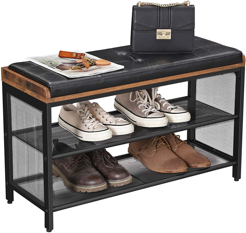 Shoe Bench with Mesh Shelf and Faux Leather Vintage Brown Black 80 x 30 x 48 cm