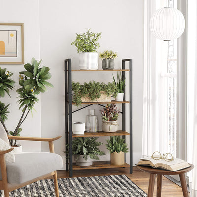 4-Tier Storage Rack with Steel Frame, 120 cm High, Rustic Brown and Black