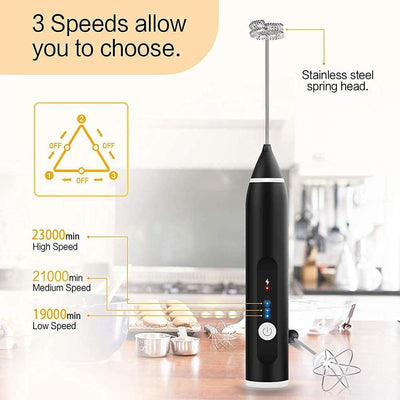 Silver Rechargeable Electric Milk Frother Handheld (3 Speeds)