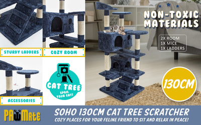Paw Mate 130cm Blue Cat Tree Soho Multi Level Scratcher